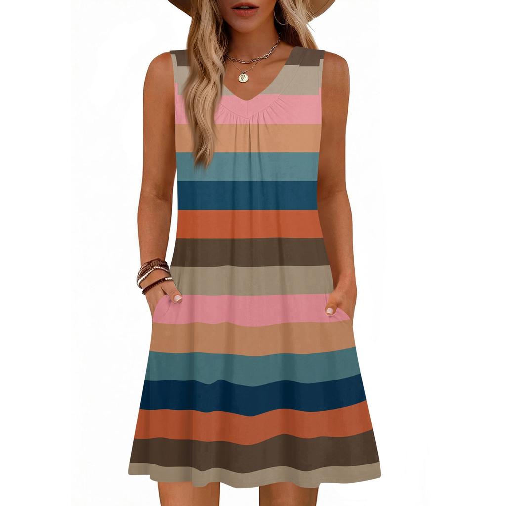 Women's Fashion Printed Summer Sleeveless V-neck Tank Top Pocket Casual Loose Dress