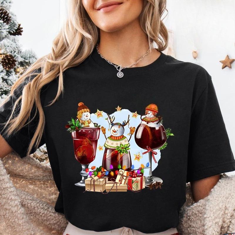 Lumières de Noël Verre à Vin Rouge T-shirt Femme Mode Fête de Noël Tops Harajuku Esthétique Décontractée Hauts de Fête pour Femmes