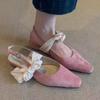 Bow Women Heeled Sandals Square Toe Shoes Woman Slippers Slingback 2025 Summer Elegant Dress Shallow Sandalias De Mujer