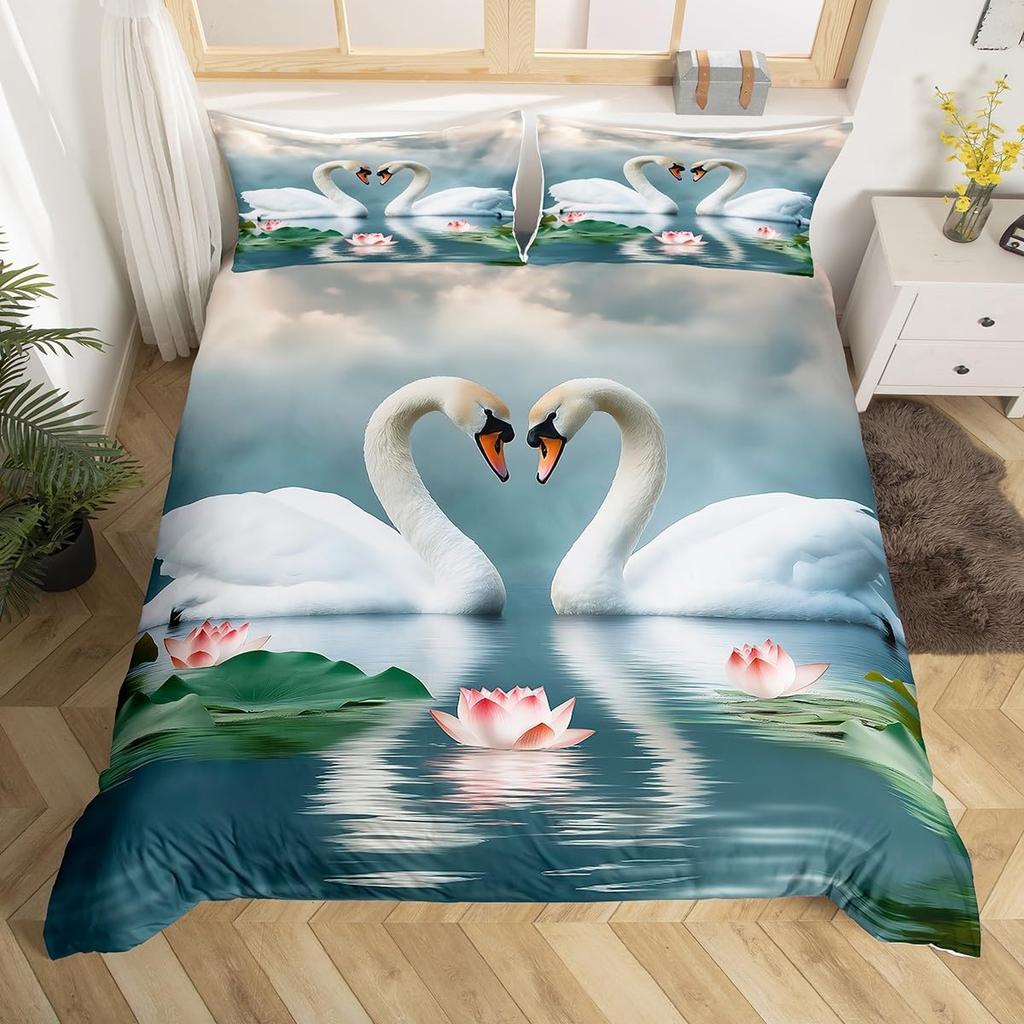 Red Rose Beding Set White Swan Soft Duvet Cover Quen Wild Animal Romantic Flower Warm Comforter Cover for Young Girls Woman Lady Weding Decor