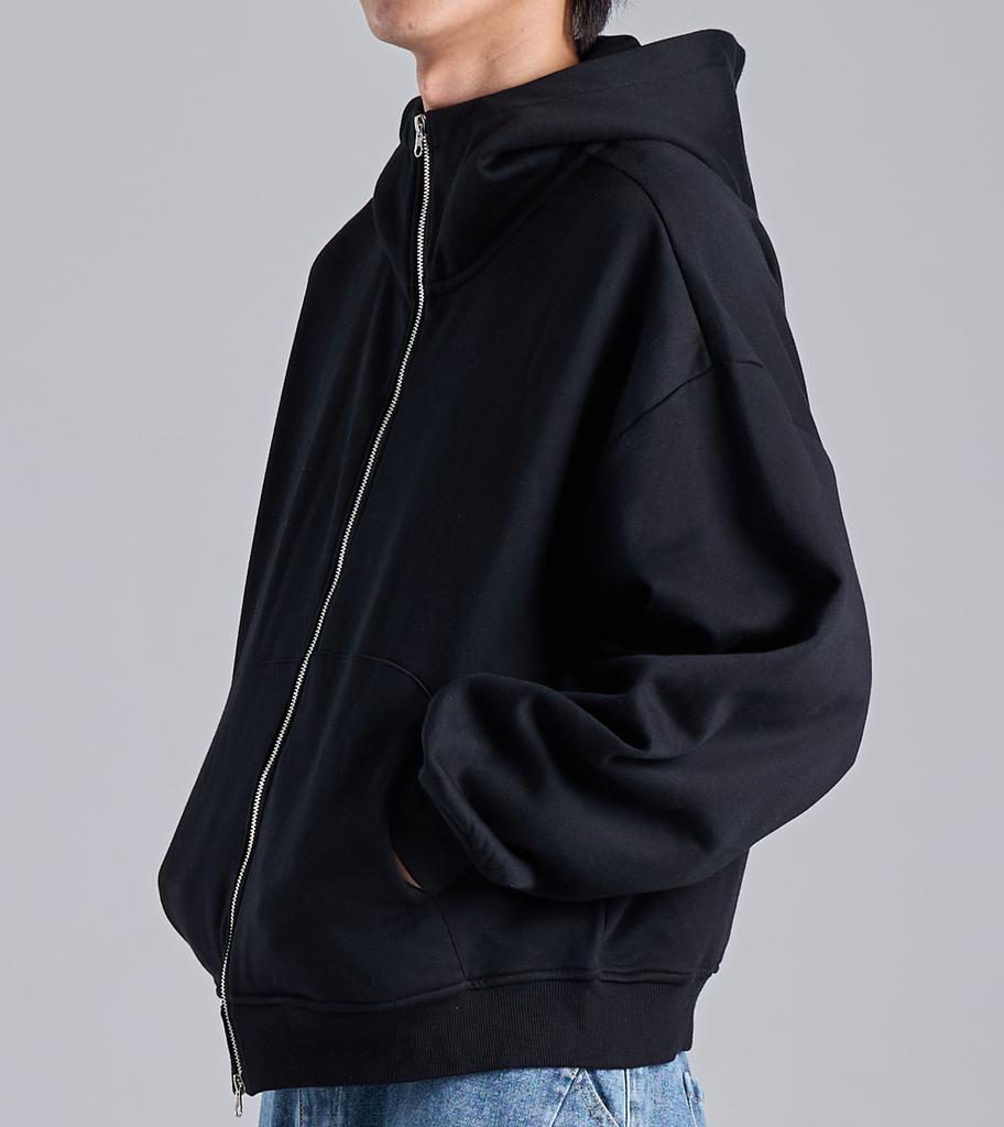 Button Seoul Two-Way Minimal High-Neck Cotton Zip-Up Hoodie (Black)