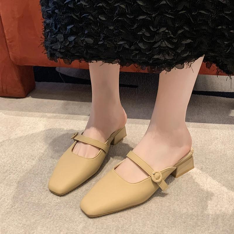 Shoes Woman's Slippers Slides Low Fashion Female Mule Cover Toe 2025 Summer Luxury Mules Hoof Heels PU Fabric Rubber Rome