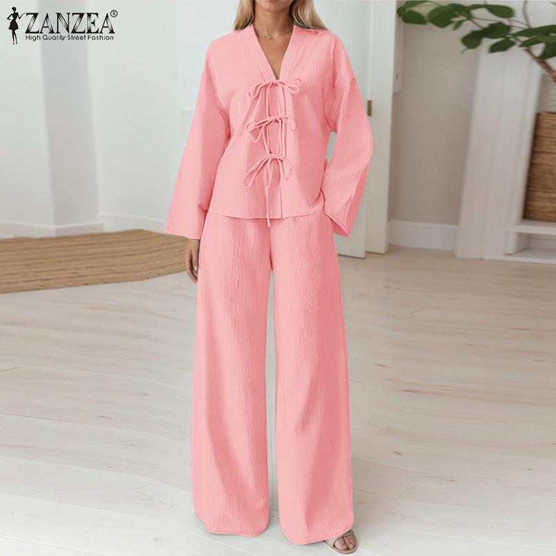 ZANZEA Damen Langarm Schnürbluse und Hose Lässige zweiteilige Anzugsets