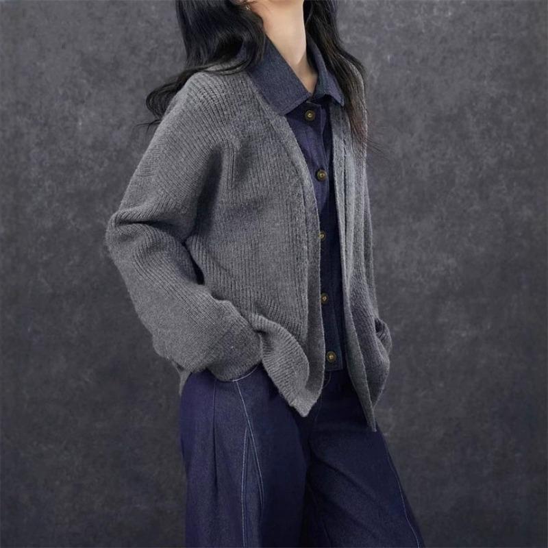 Premium Sense Loose Casual Fake Two-piece Denim Splicing Knitted Cardigan Women's Clothing Autumn and Winter New Sweater Jacket
