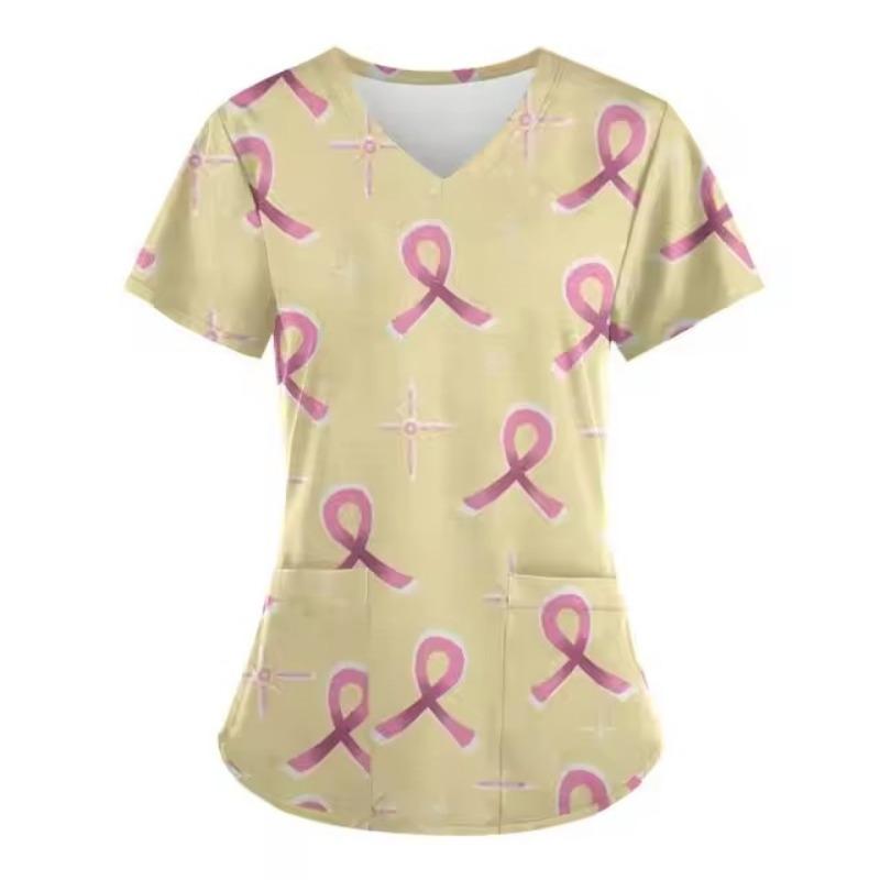 Scrubs Medicinsk Uniform Rosa Bandet Cancerkämpe Grafik Damuniformer V-ringad Kortärmad Toppar med Fickor Scrubs Damer