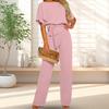Women's Short Sleeve Jumpsuit Tie Waist Belted Straight Wide Leg Pant Romper