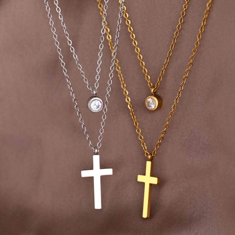 Stainless Steel Gold Color Cross Pendant Necklaces For Women Fashion Metal Double-layer Chain Necklace Jewelry Gift
