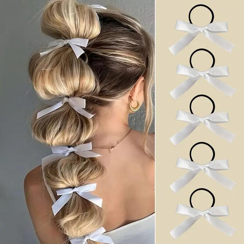 5Pcs Women Double Ponytail Hair Accessory Style Fashionable and Cute Black Bow Hair Tie Ballet Style Retro Ribbon Headband
