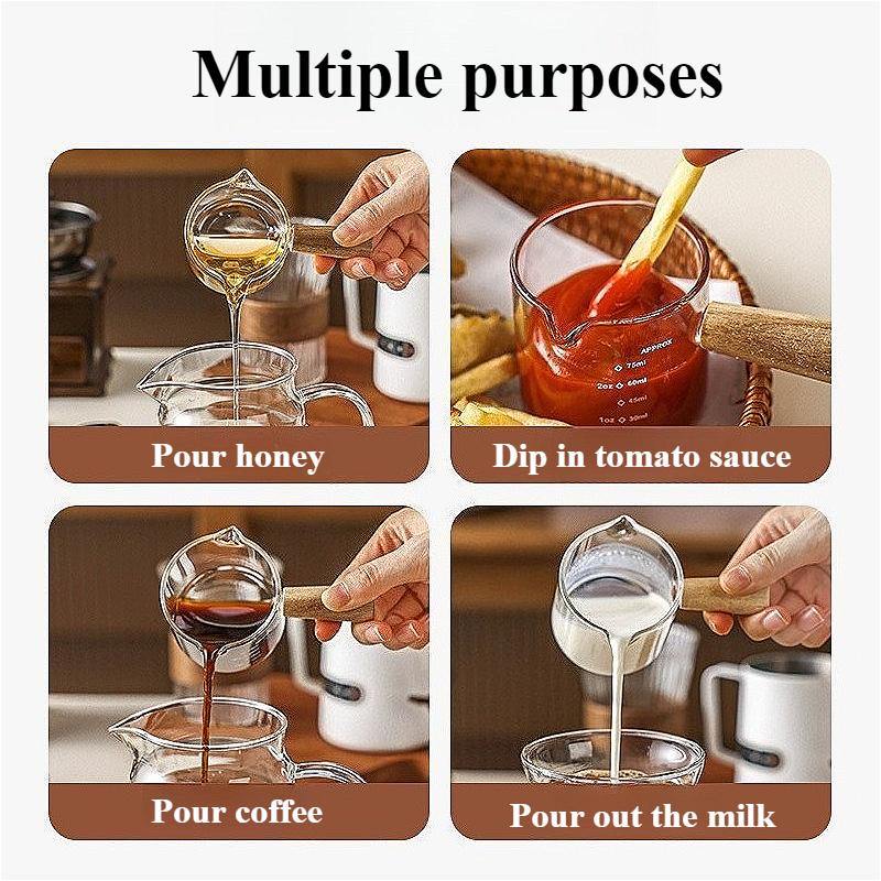 Glass Espresso Cup with Wooden Handle Single and Double Mouthed Coffee Cup Heat Resistant Small Glass Measuring Mug Latte Cup