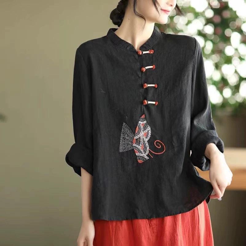 Top da Donna Primavera Estate Ricamato Largo Manica Lunga Cotone Lino Camicia Top con Bottoni a Piatto