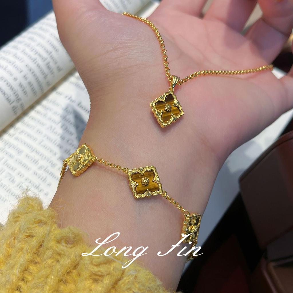 Französische Retro-Fenstergitter, Kleeblatt, Tigerauge-Stein-Set, Herbst- und Winter-Halskette, Armband, Ohrstecker, Antik und Vielseitig