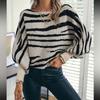 Herbst Winter Pullover Damen Locker Gestrickt Zebra Muster Kontrast Ein-Wort-Kragen Fledermausärmel Pullover & Langarm Top