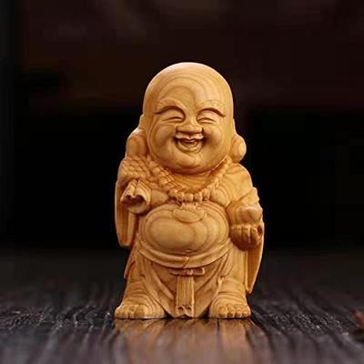 Miniature Wooden Buddha Statue, Hotei, Crafted from Premium Boxwood, Charm for Wealth and Good Fortune (6cm H X 4cm W X 3cm D)