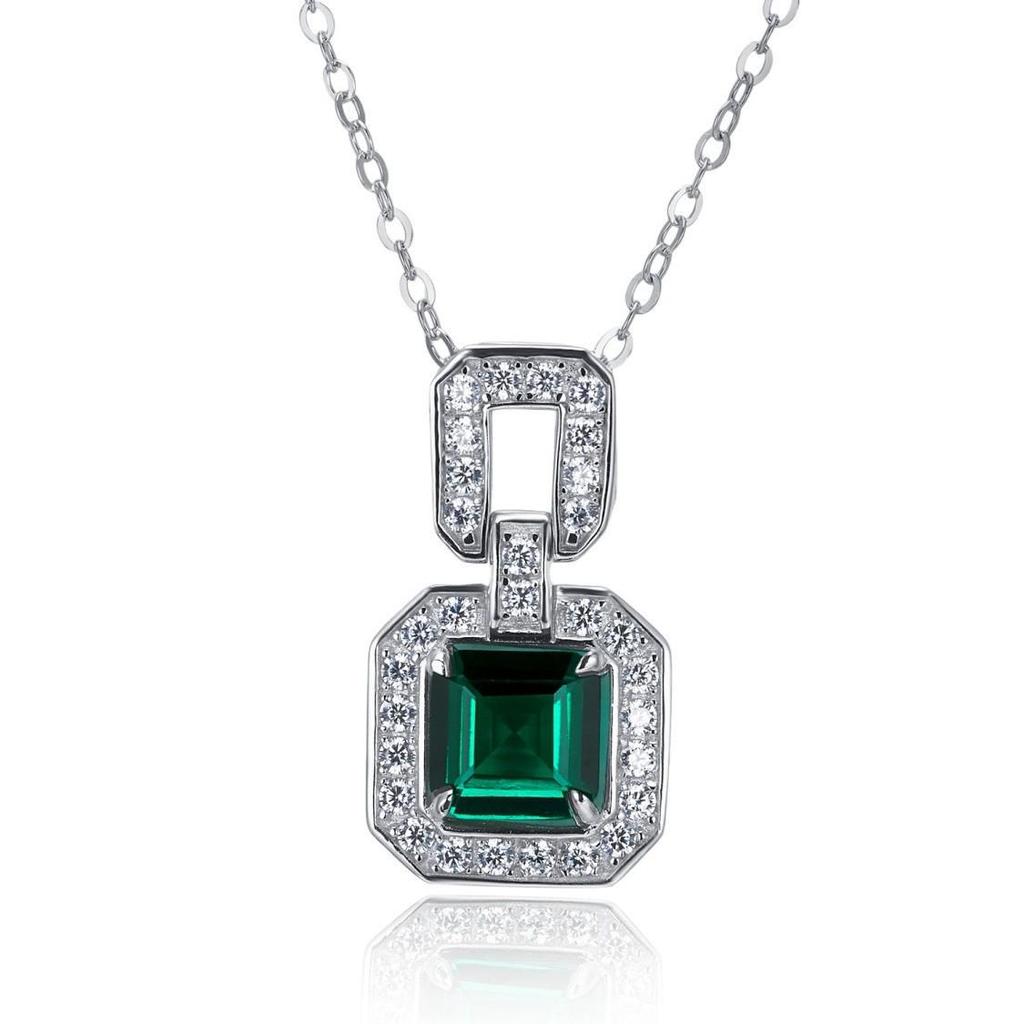 Simple Fresh Cultured Emerald Pendant S925 Silver with Lab-Synthesized Gemstone and Full Diamond Design for Women