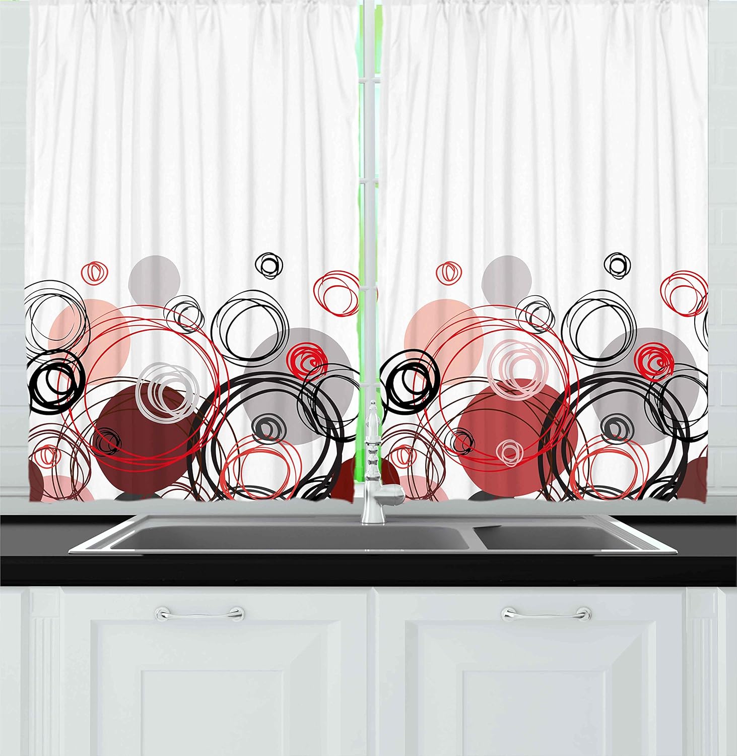 Abstract Kitchen Curtains, Horizontal Stripe Design and Geometric Circles Rounded Shapes Art Illustration, Window Drapes 2 Panel 60×150