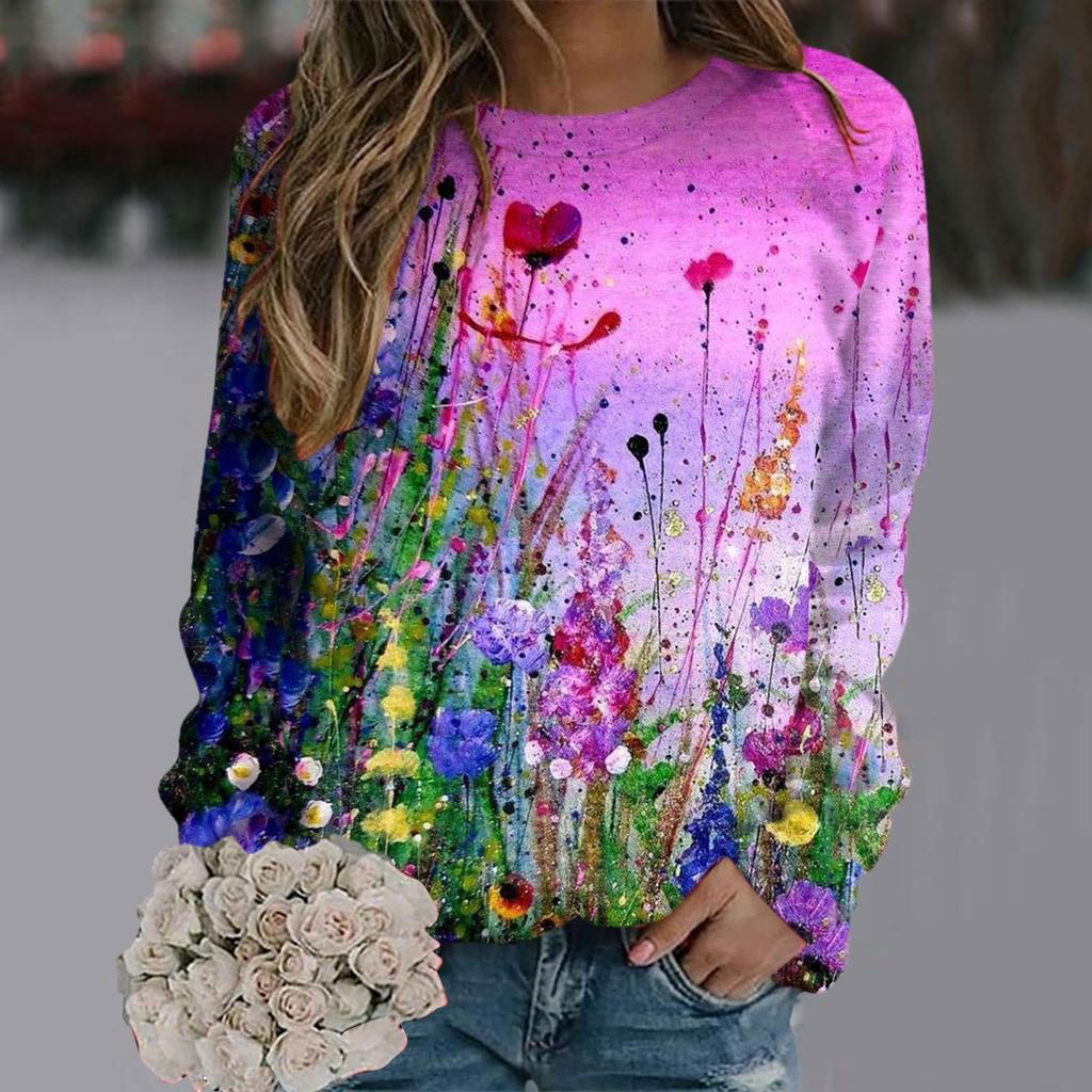 Fashionable Retro 3D Floral Print Women's Casual Round Neck Long Sleeved T-shirt