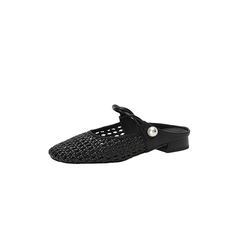 Krazing Pot Microfiber Mules Weaving Summer Size 41 Low Heels Pearl-studded Party Shoes Women Square Toe Gladiator Hollow Out Pumps