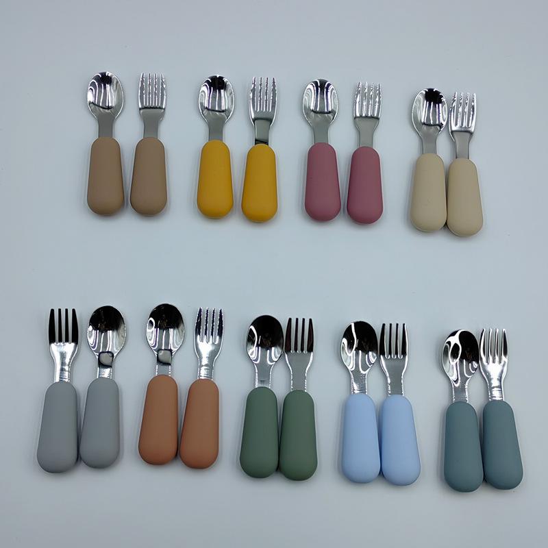 Children's Stainless Steel Spoon & Fork Set with Silicone Handle - Baby Training & Feeding Utensils