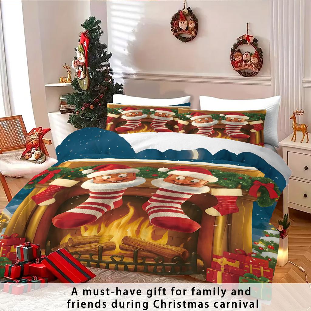 3pcs Red Christmas Stocking Printed Coreless Bedding Set Soft Comfortable for Dormitories Bedrooms with Multiple Sizes