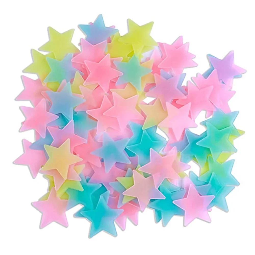 100PCS 3CM Night Light Sticker, Luminous Wall Sticker, Fluorescent Sticker, Blue Yellow Pink Three Night Light Star Sticker