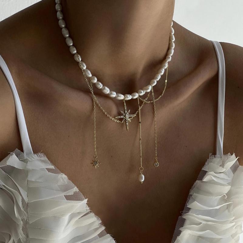 Elegant Faux Pearls Chain Necklace Star Tassels Neckchain For Fashionable Women Stylish Clavicle Chain