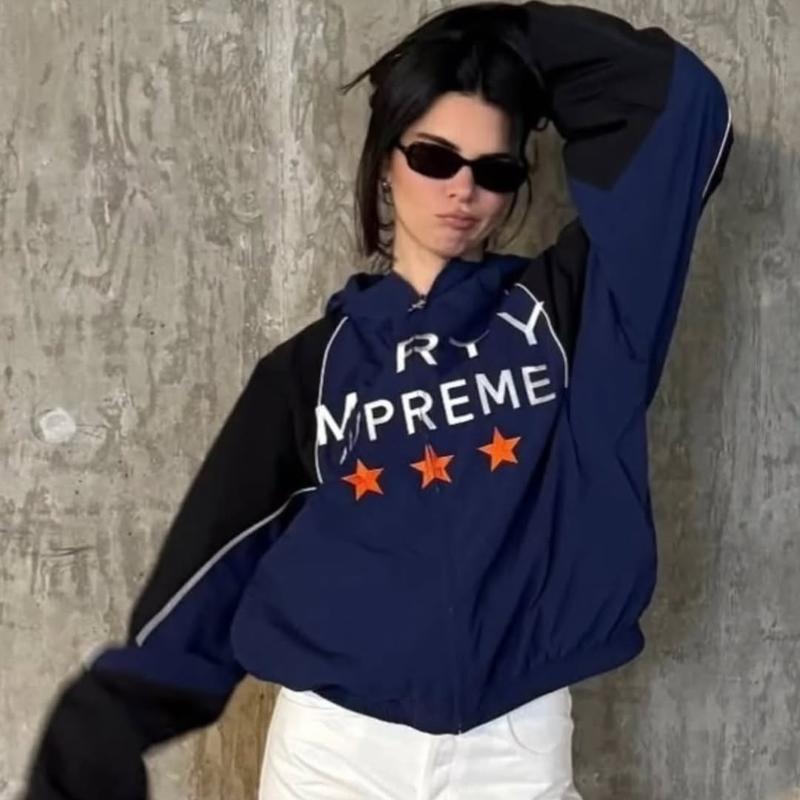Women Contrast Panel Hooded Unisex Lightweight Wind Jacket Front Zipper Letter Star Graphic Loose Outerwear Daily Casual Streetwear