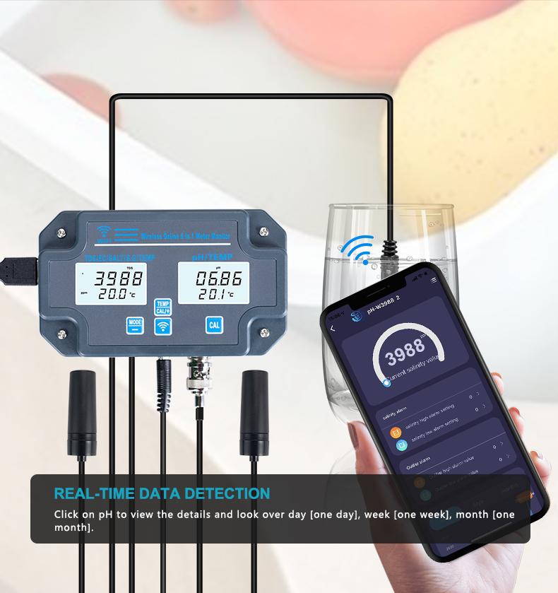 Smart Wifi Online Water Quality Tester Wireless 6 in 1 Water Monitor PH EC TDS SALT G.S Temperature Meter By Mobile APP Control
