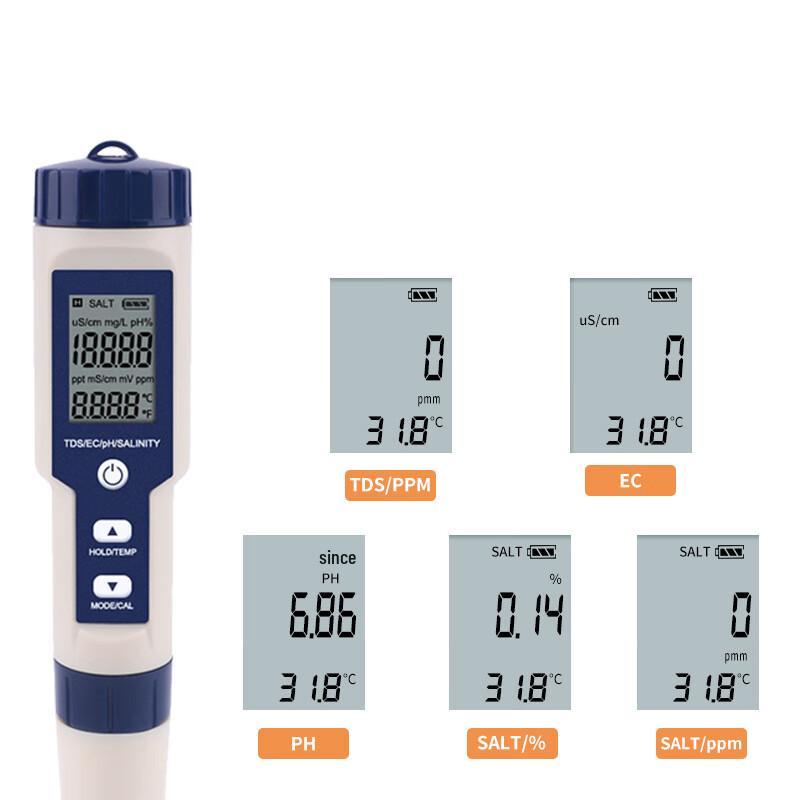Longchan 5-in-1 Salinity, pH & Temperature Water Quality Tester