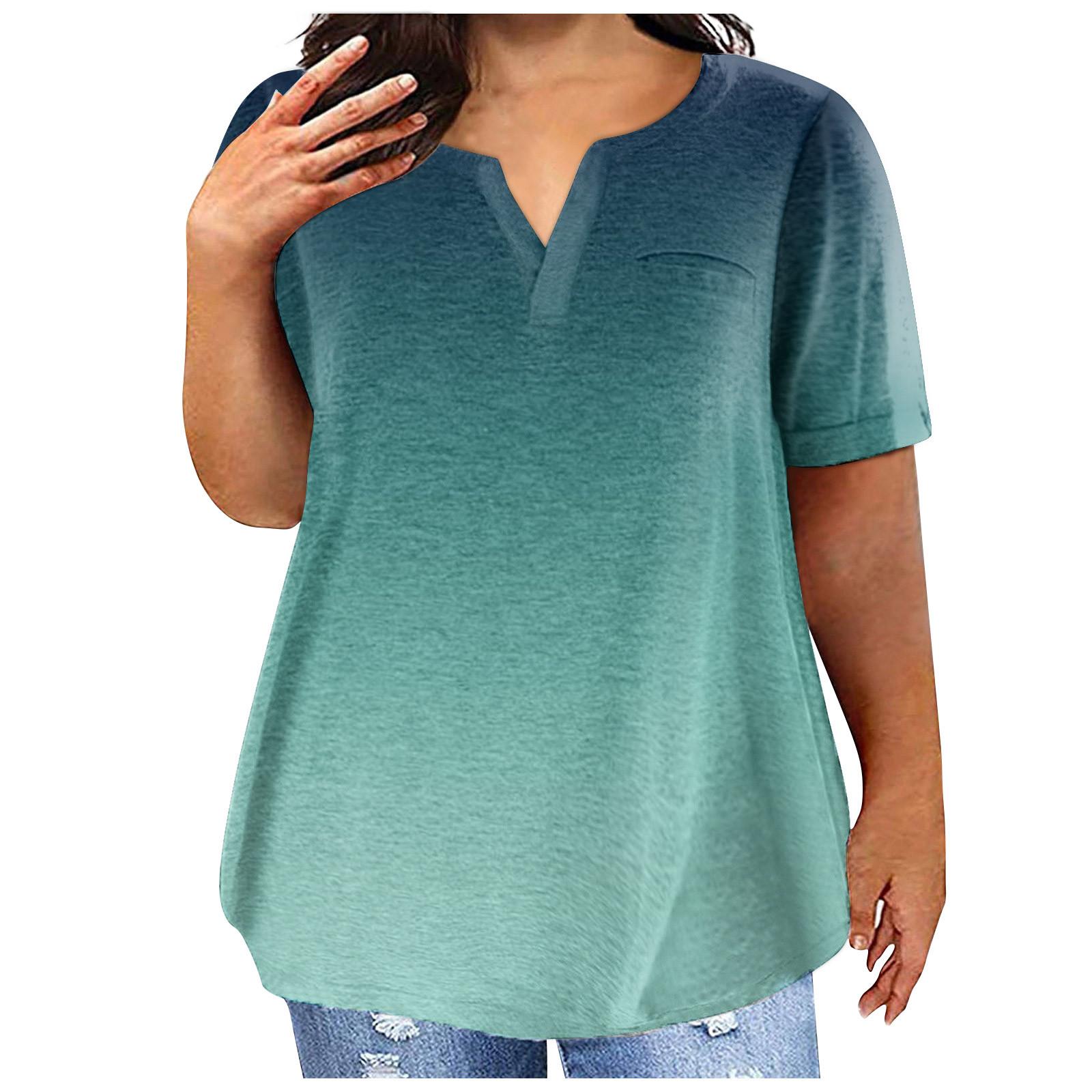 

Модная женская повседневная футболка больших размеров с коротким рукавом и круглым вырезом с градиентным принтом и карманами L циан