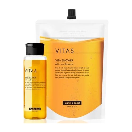 VITAS VitaShower All-in-One Shampoo Refill Set 220+600ml Highly Moisturizing Moist Made in Japan [Vanilla Boost Scent]
