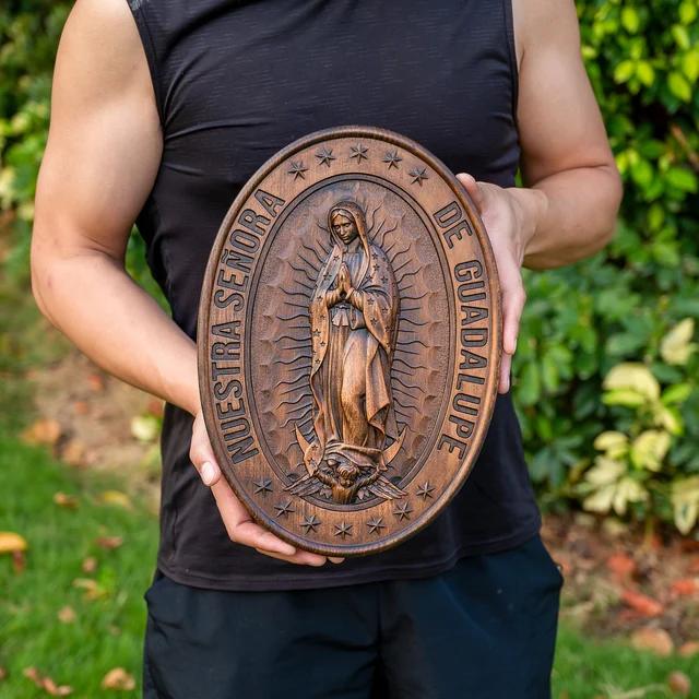 

Статуя Девы Марии Гваделупской, овальный орнамент из дерева, украшение для стен дома, католическая религиозная фигура, христианский подарок