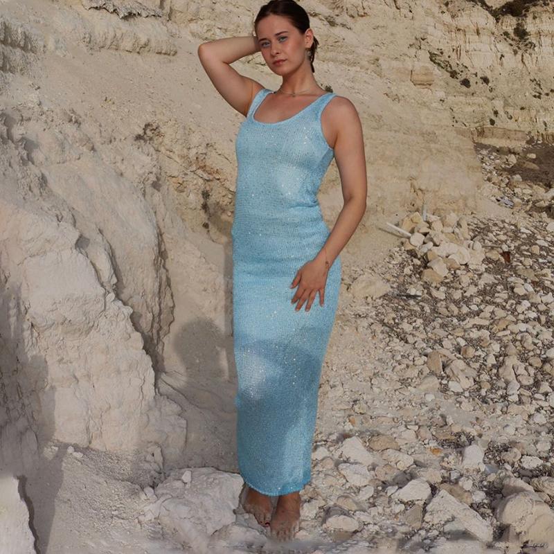 Sommer Sexy Durchsichtiges Langes Kleid Für Frauen Hohe Taille Ärmellose Schlanke Midikleider Damen Party Bodycon Glänzende Pailletten Abend Elegantes Kleid Dame