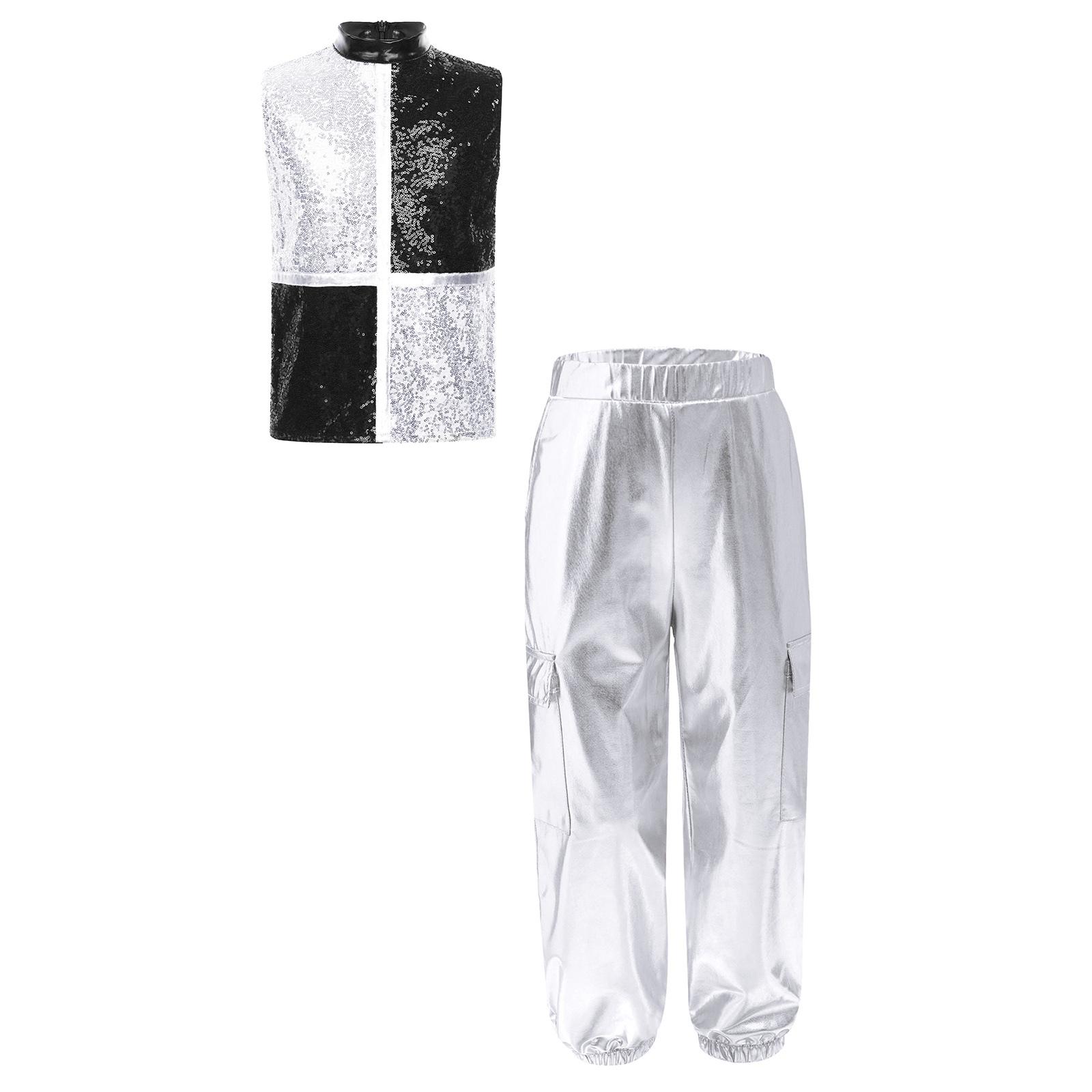 

Boys Metallic Jazz Dance Costume Mock Neck Sleeveless Back Zipper Shiny Sequins Color Block Top Cargo Pants 5-6 Years