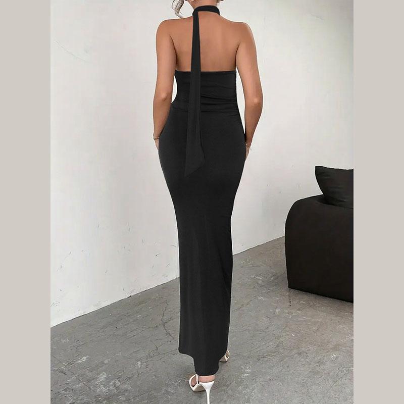 Women Halter Neck Maxi Dress High Slit Bodycon Evening Party Formal Dress