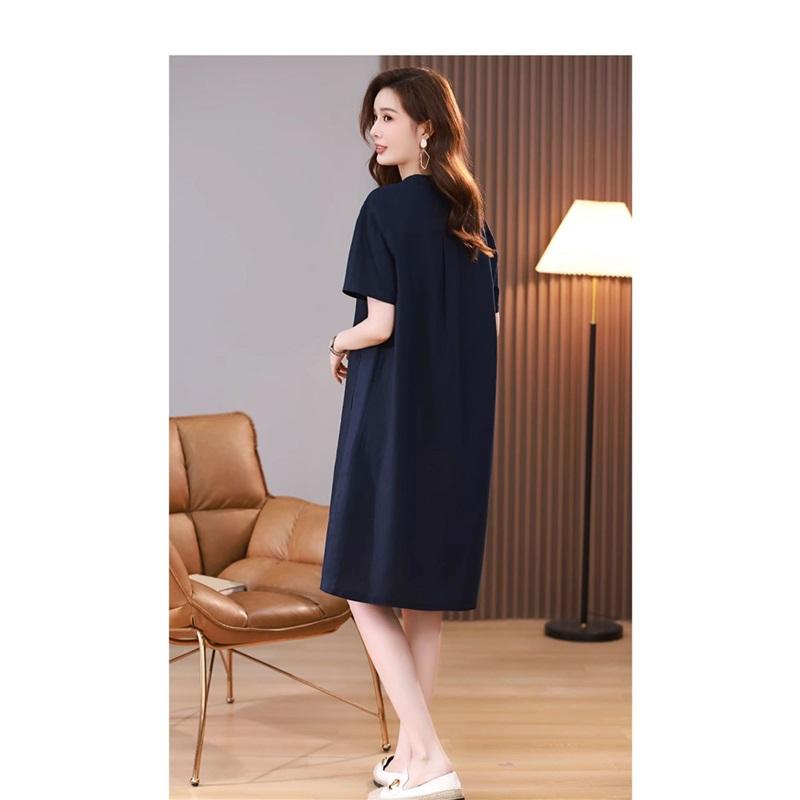 Women Summer Linen Cotton Dress V Neck Half Button Short Sleeve Midi Dress Loose Plus Size Elegant Mother Dress Casual Pocket Dresses