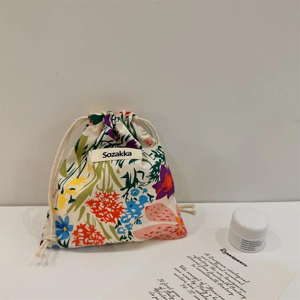 Small Cotton Fabric Floral Drawstring Bags Coin Pocket Bags Purse Keys Earphone Storage Bag Lipstick Toiletry Makeup Organizer