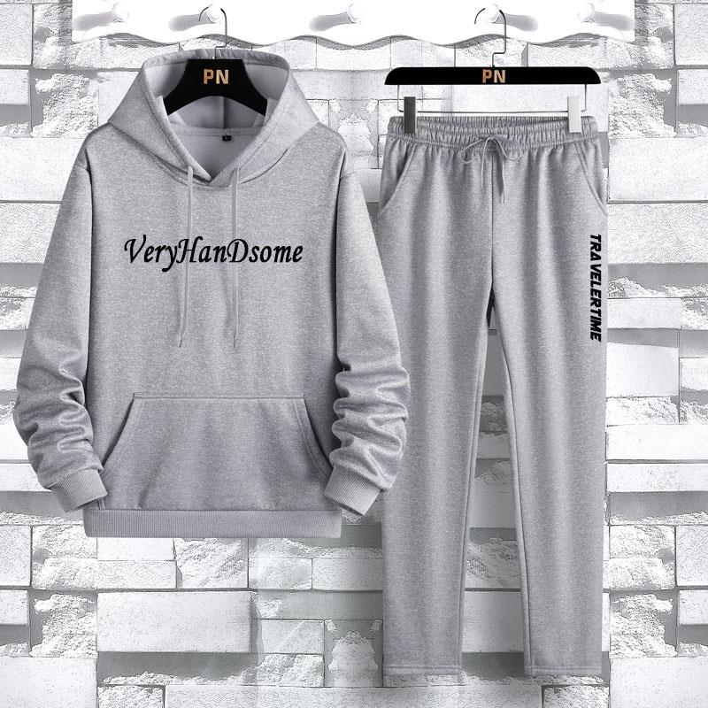 

Свитер из двух частей с капюшоном осенью и зимой, флисовый спортивный костюм с длинными рукавами для отдыха, мужской комплект из двух предметов с принтом XXXXL