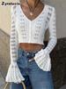 New Knitted Openwork Cardigan for Women, Sexy Hollow Bell Sleeve Solid Color Short Knit Top
