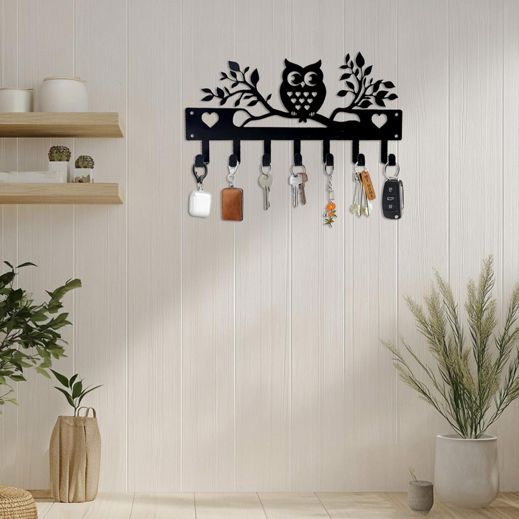 Metal Owl Wall Hook Rack with Seven Hooks for Keys Towels and Small Items Hanging Over Door Storage Organizer