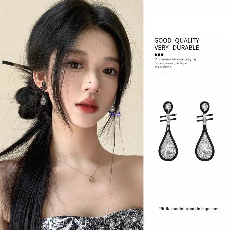 925 Silver Retro Black Pipa Earrings for Women – National Style Stud & Dangle Cheongsam Accessories