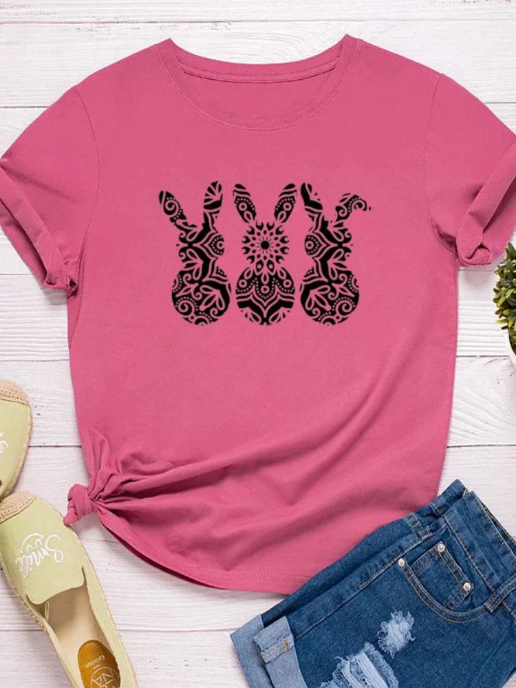 Dámské tričko s potiskem králíka a zajíčka s krátkým rukávem a výstřihem do O-neck, volné dámské tričko s krátkým rukávem a topy
