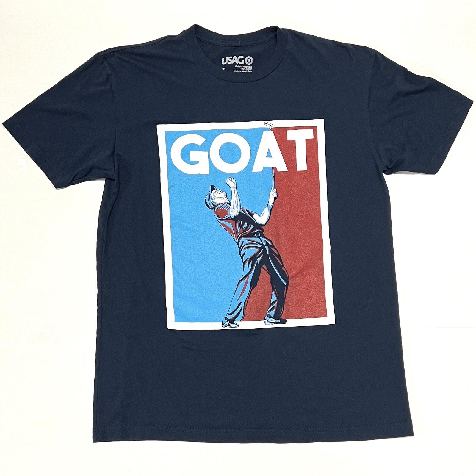 USAG GOAT T Shirt Tiger Woods Golf Fist Pump Graphic Thin Tee Navy Sz L SLIM M