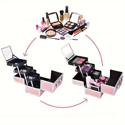 Portable Cosmetic Organizer Case with Tray, Mirror & Nail Kits - Makeup Travel Case for Women, Makeup Tools.