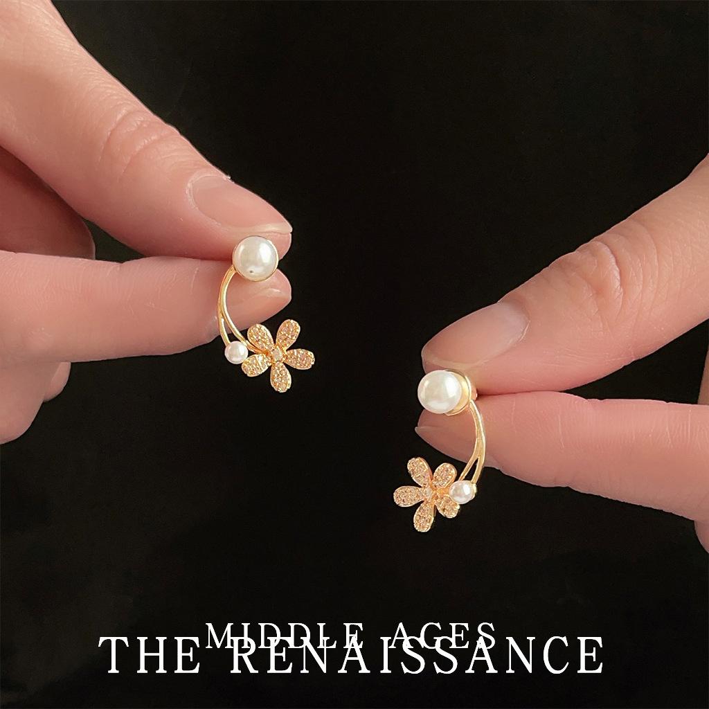 Micro-inlaid zircon flower stud earrings French two-ear jewelry