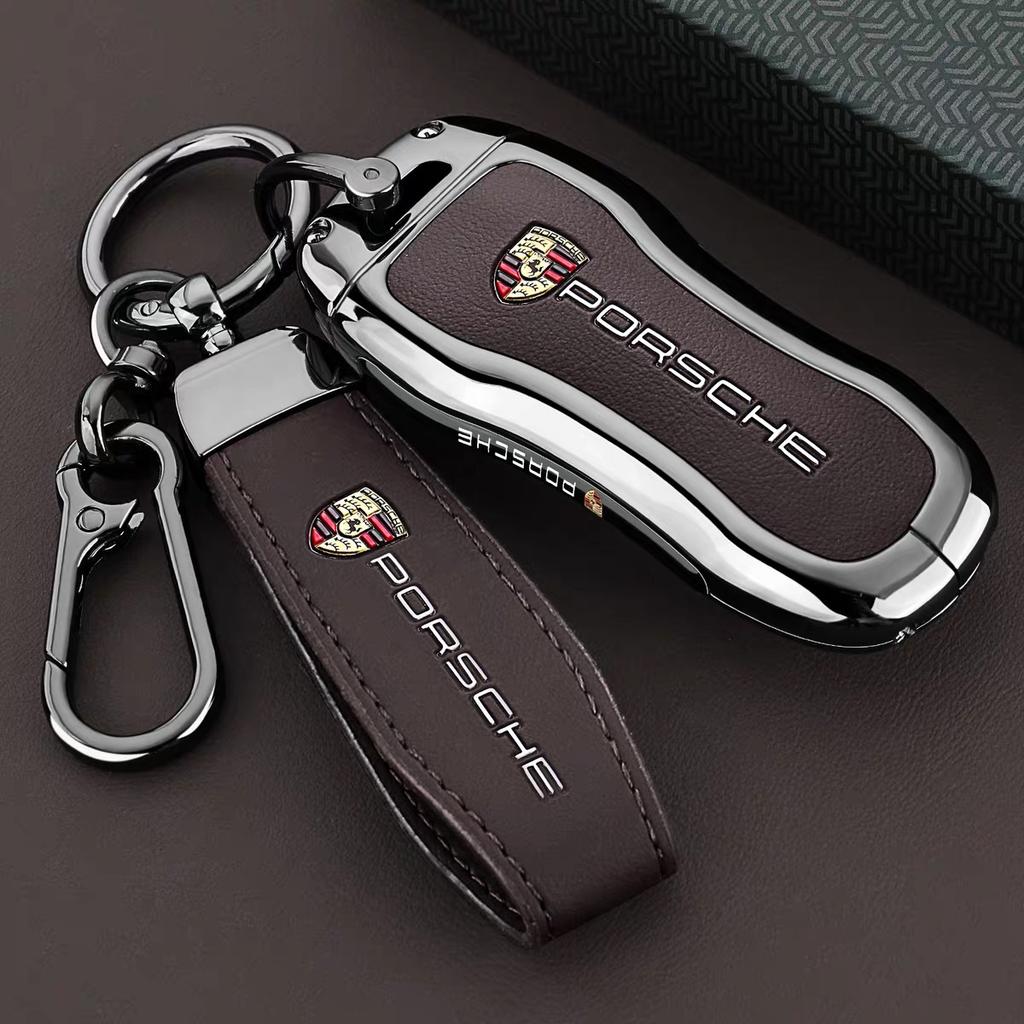 Zinc Alloy Leather Car Key Case Full Cover Protector For Porsche Cayenne Panamera Macan Cayman 718 911 Taycan Accessory Sticker EFD1