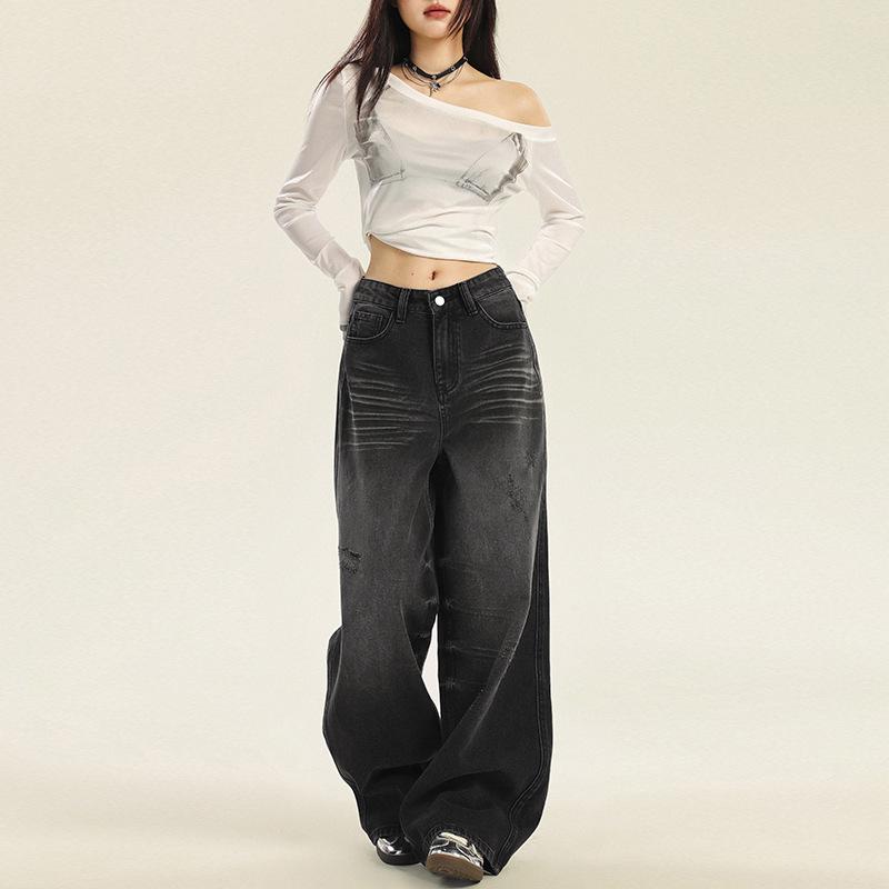 Women's High-Waist Black & Gray Wide-Leg Jeans - Autumn 2024