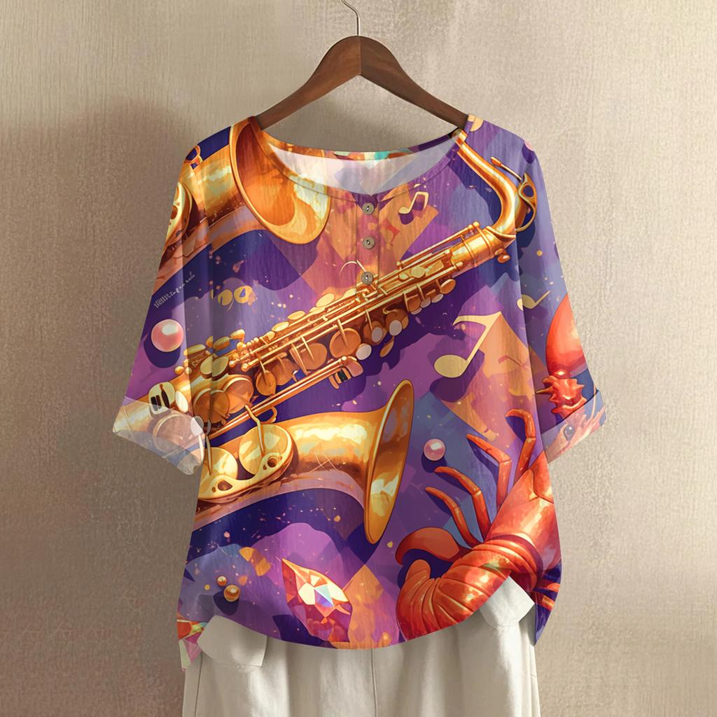 Women's Fashionable And Casual Shirt Half Sleeve Round Neck Print Cotton And Linen Blouse Top