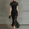 European and American High-luxury Temperament Banquet Short-sleeved Dress Summer High-waisted Slim-fitting Lace Splicing Women's Long Dress