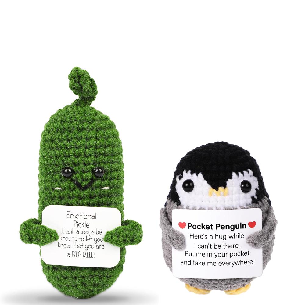 Handmade Emotional Support Pickle Crochet Funny Sour Cucumber Knitted Pickle with Positive Card Cheer up Gift Crochet Home Decor