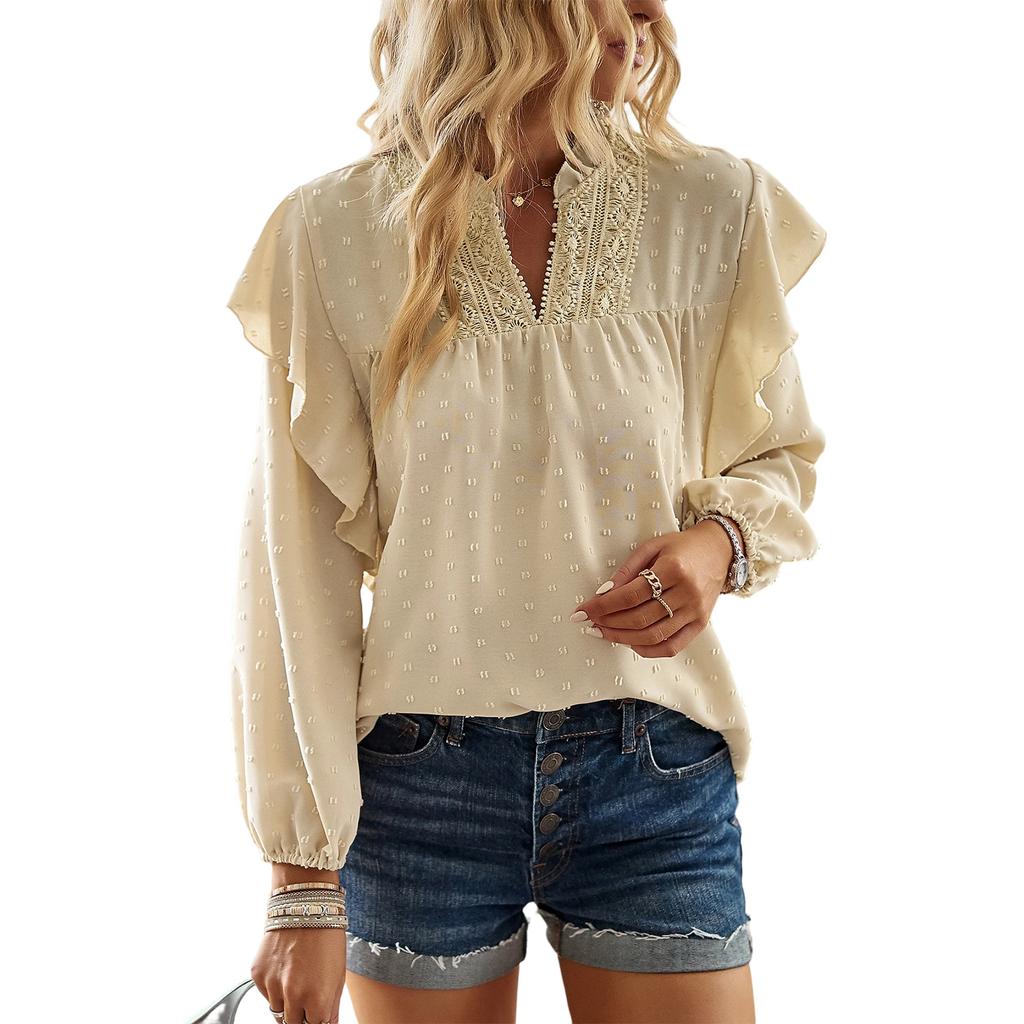 Women's V,Neck Lace Patchwork Blouse With Ruffled Sleeves